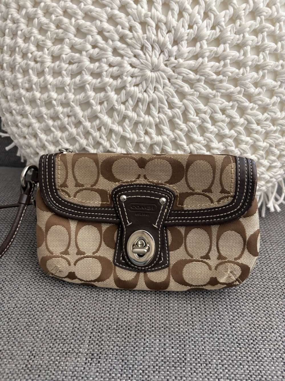 Coach Brown and Tan Signature Canvas Wristlet